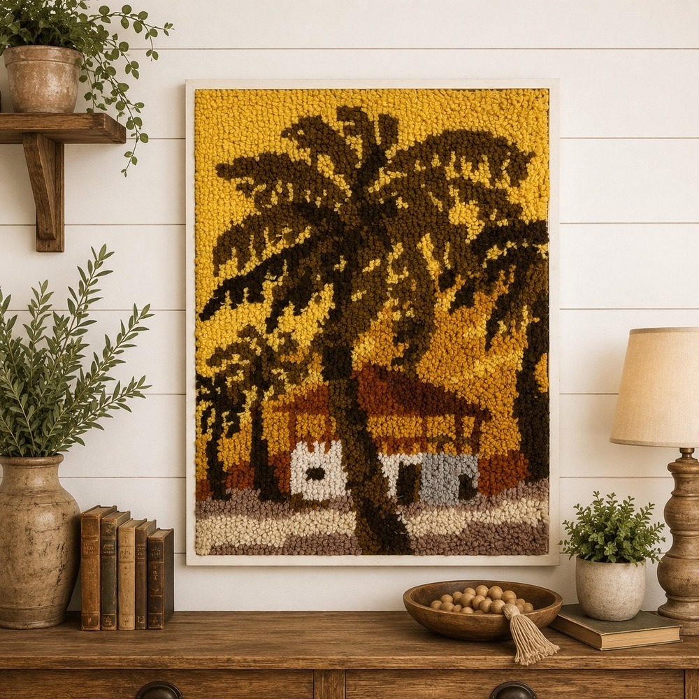 Vtg Latch Hook Wall Hanging Palm Tree Tropical Scene Framed Fiber Art 24x17.5